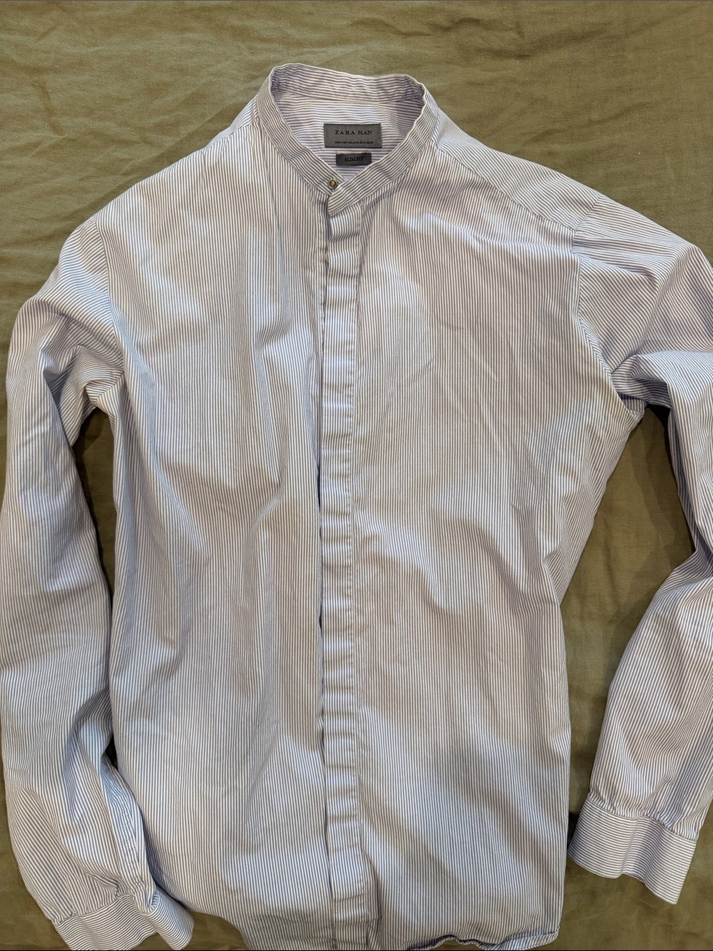 Zara Blue & White Pinstripe Mandarin Collar Shirt